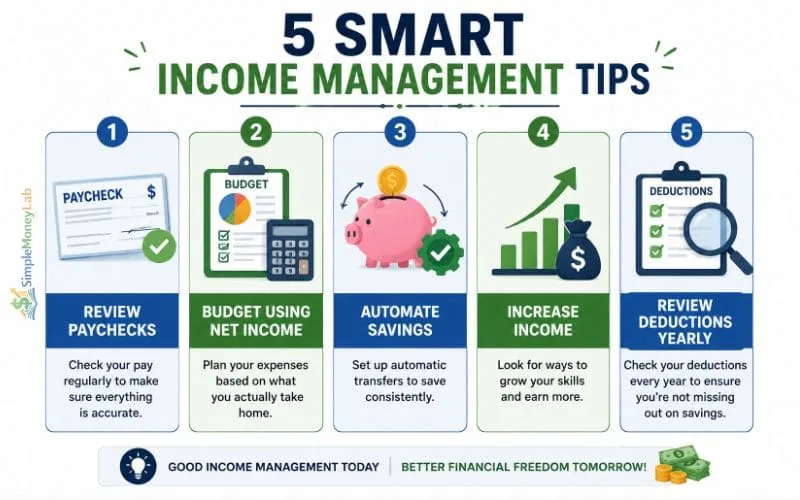 Infographic featuring five smart income management tips including reviewing paychecks, budgeting with net income, automating savings, increasing income, and reviewing deductions yearly.