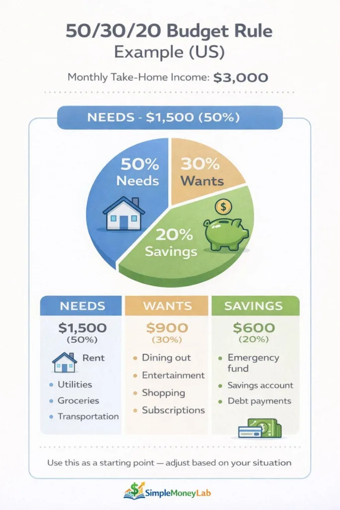50/30/20 budget rule infographic showing a US $3,000 monthly income breakdown into needs, wants, and savings for beginners