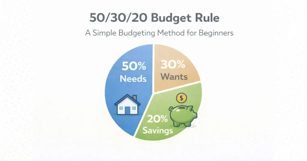 50/30/20 budget rule infographic showing 50 percent needs, 30 percent wants, and 20 percent savings for beginners