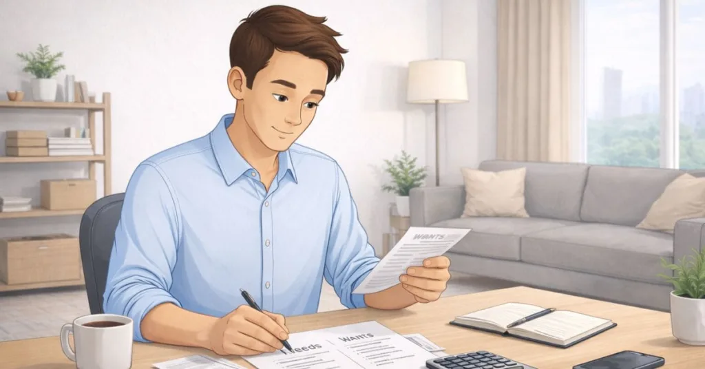 Young adult reviewing bills and laptop while planning fixed and variable expenses at home in a neutral US apartment setting