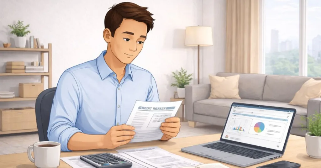 Young adult reviewing budget notes and bills on a laptop at a table in a neutral US home environment