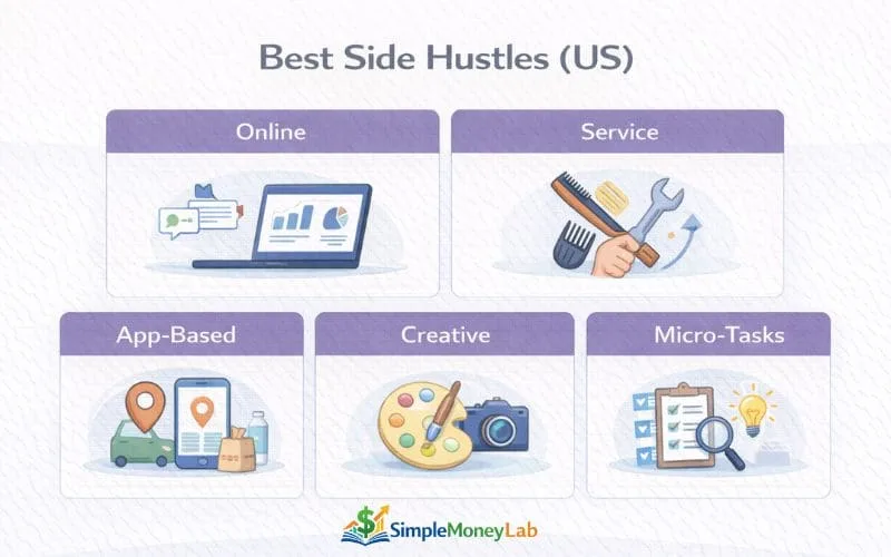 Infographic showing five types of side hustles in the United States including online, service, app-based, creative, and micro-task work