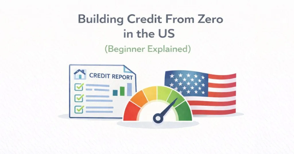 Beginner-friendly visual showing how to build credit from zero in the United States with a credit report and score dial