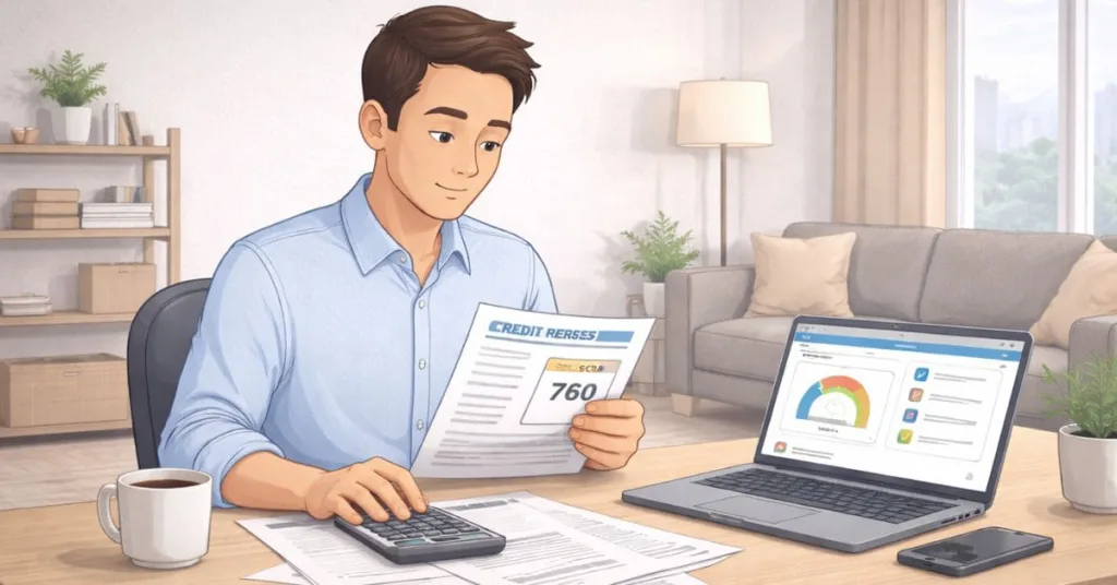 Young adult reviewing credit-related documents and laptop dashboard in a neutral U.S. home environment