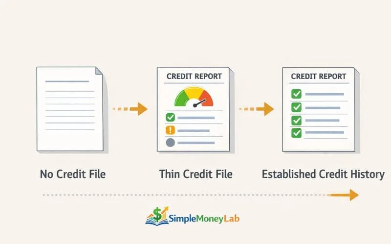 Timeline infographic showing how credit history develops from no credit file to thin credit file and eventually to an established credit history.