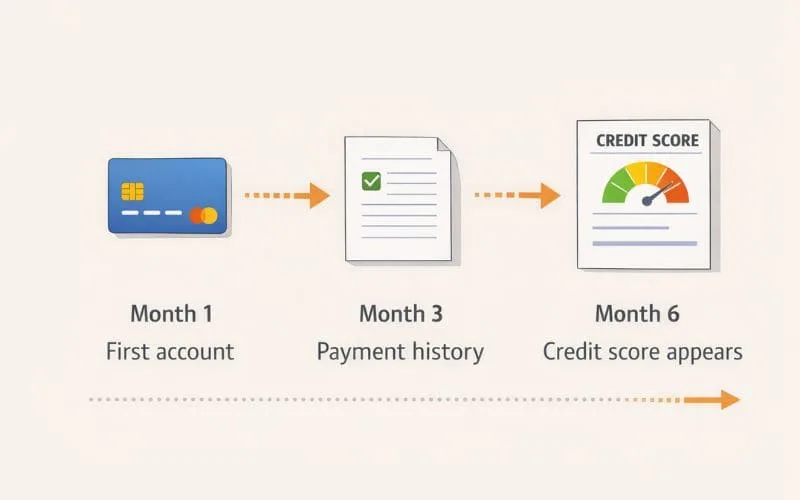 Timeline infographic explaining how people build credit with no history, starting with a first credit account, developing payment history, and eventually receiving a credit score.
