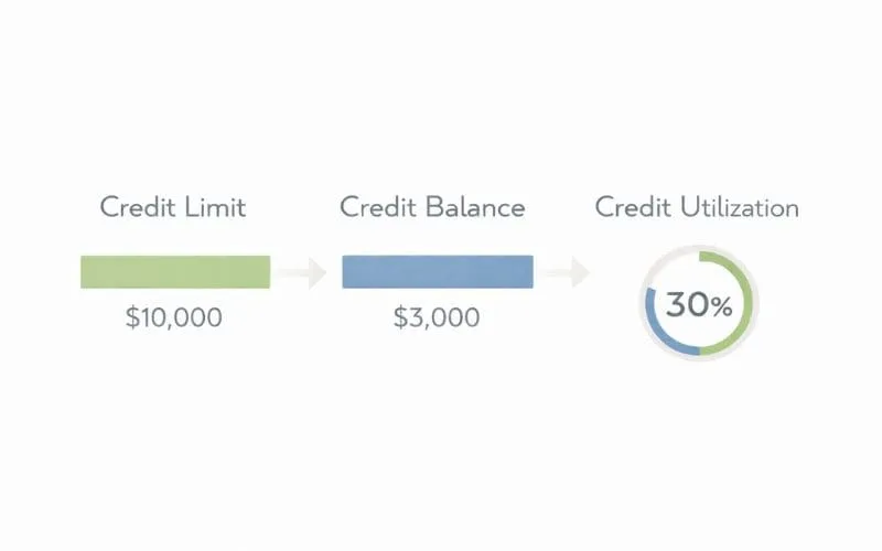 Infographic showing relationship between credit limit, credit balance, and credit utilization percentage using simple comparison chart