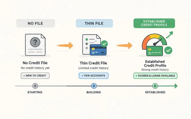 Infographic showing stages of credit profile growth from no credit file to thin credit file and finally an established credit profile.