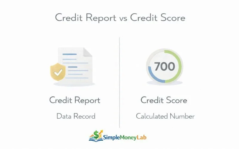 Minimal comparison infographic showing difference between credit report as data record and credit score as calculated number