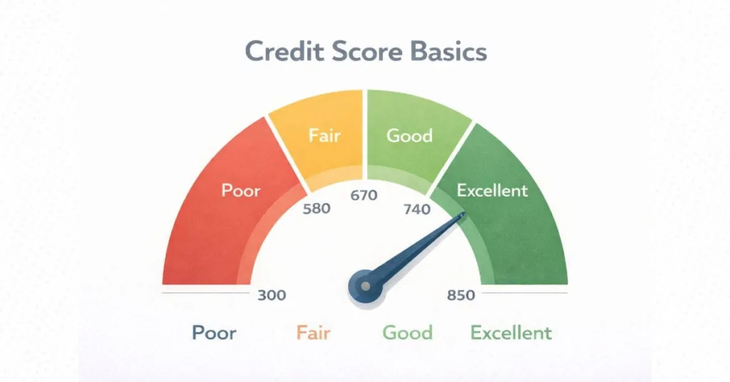 Credit score gauge showing poor, fair, good, and excellent ranges for beginners in the US