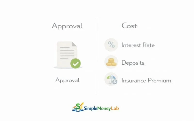 Split infographic comparing approval and cost impact of credit scores, showing interest rates, deposits, and insurance premiums under the cost category.