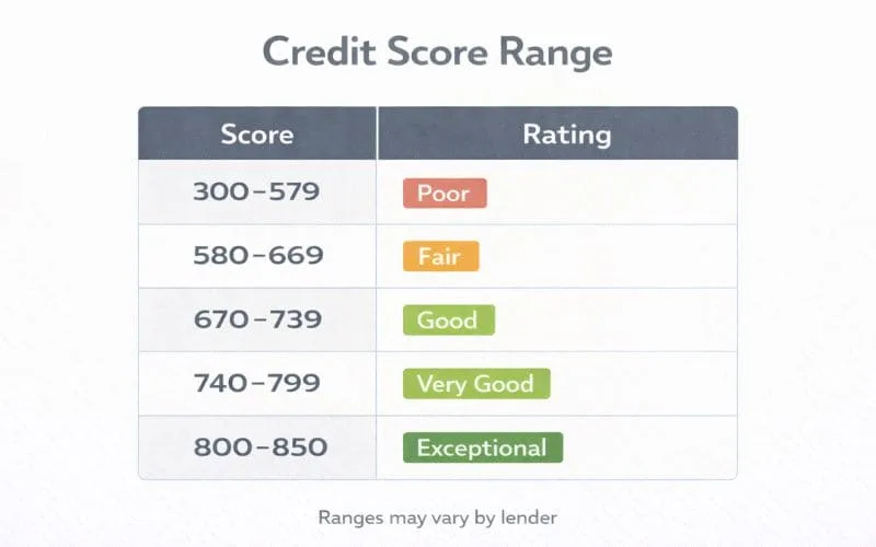 Credit score chart showing 300–579 poor, 580–669 fair, 670–739 good, 740–799 very good, and 800–850 exceptional