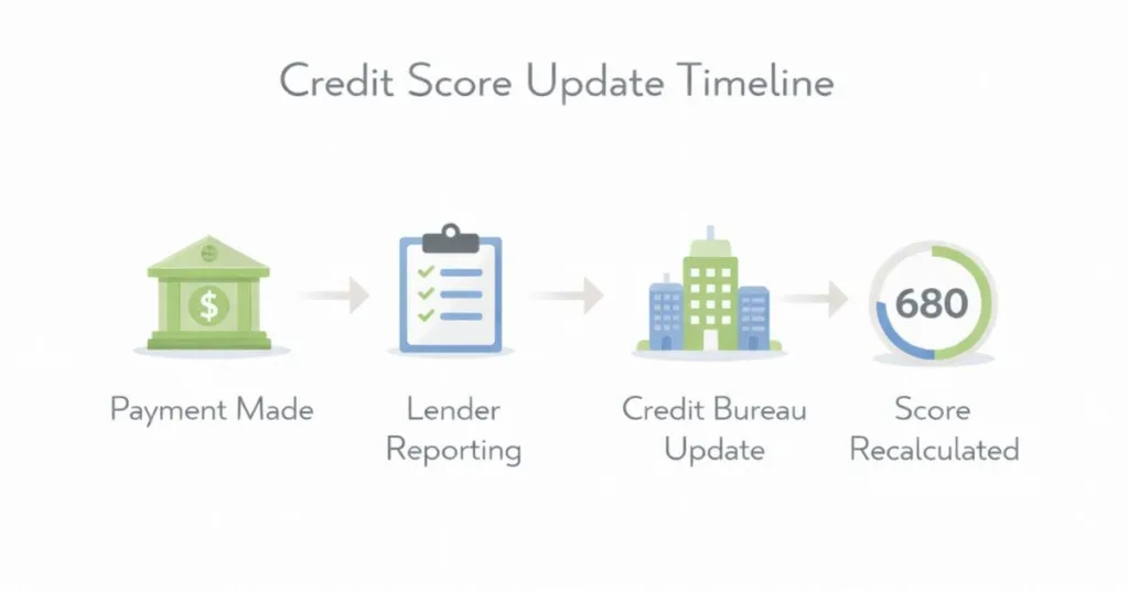 Horizontal infographic showing payment made, lender reporting, credit bureau update, and score recalculated explaining how often do credit scores update
