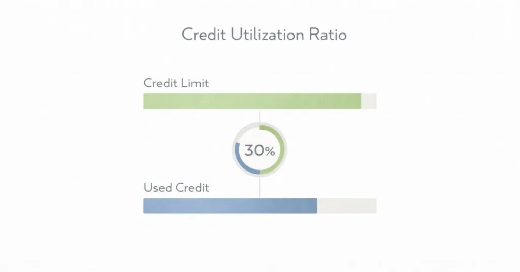 Educational infographic showing credit limit bar vs used credit bar with percentage indicator explaining what is credit utilization in simple terms