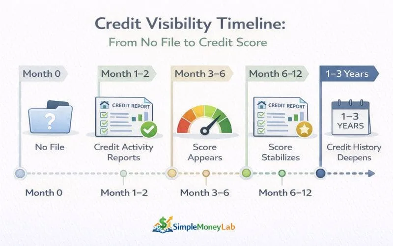 Infographic showing how long does it take to build credit from zero in the United States, starting from no file to score appearance and history deepening over 1–3 years
