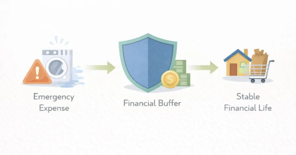 Flat illustration showing emergency financial protection shield protecting household expenses from unexpected financial shocks using simple money flow diagram