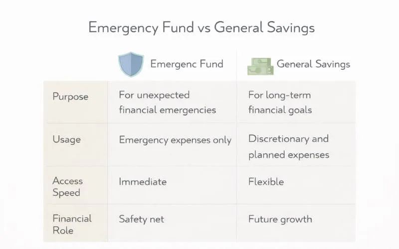 Comparison infographic showing emergency fund vs general savings differences in purpose, usage, access speed, and financial role explaining what is an emergency fund in simple terms
