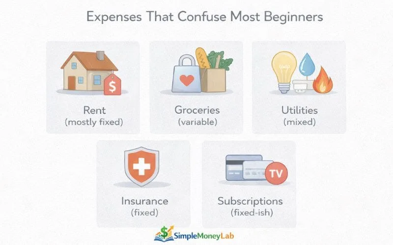 Icon grid showing confusing expense types including rent, groceries, utilities, insurance, and subscriptions with fixed and variable behavior labels