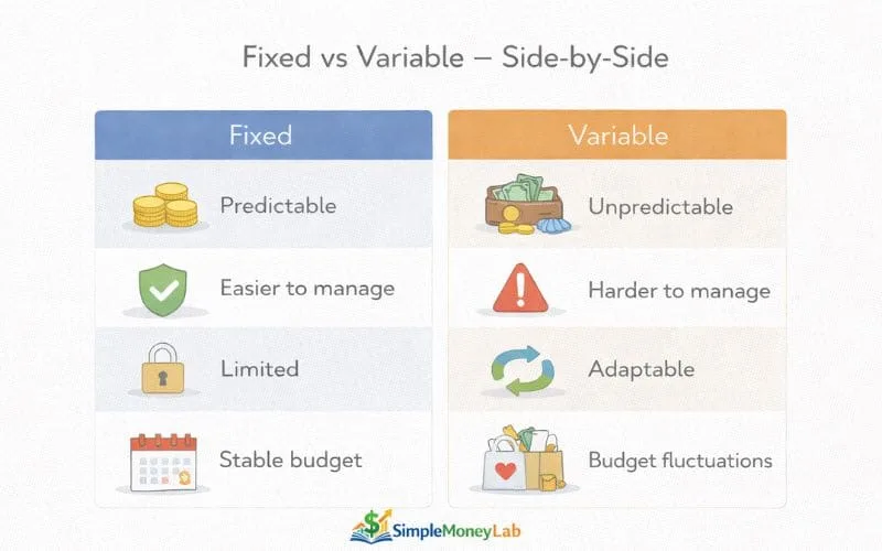 Two-column infographic comparing fixed vs variable expenses across predictability, control, flexibility, and budget impact