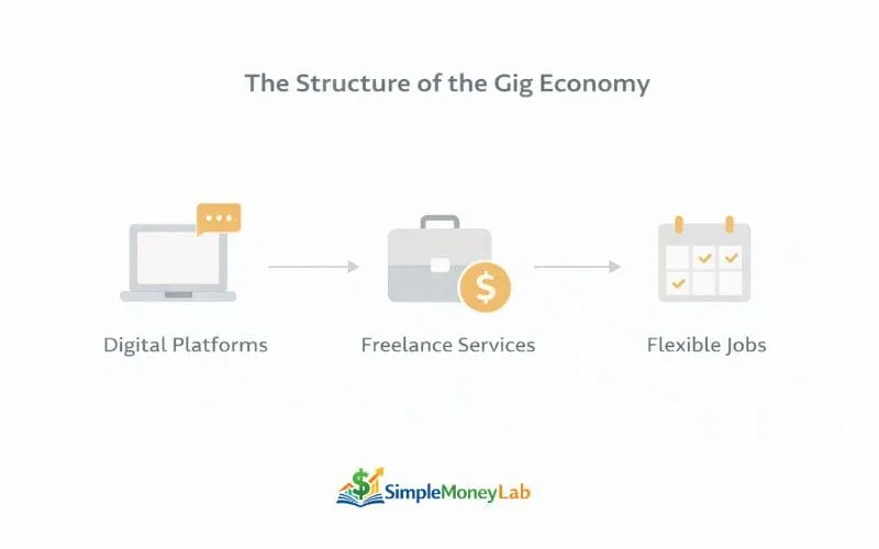 Infographic showing how side hustles in the US economy are supported by digital platforms, freelance services, and flexible work opportunities.