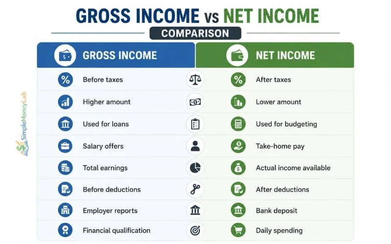 Comparison table explaining gross income versus net income, including taxes, deductions, budgeting, loan applications, and take-home pay.