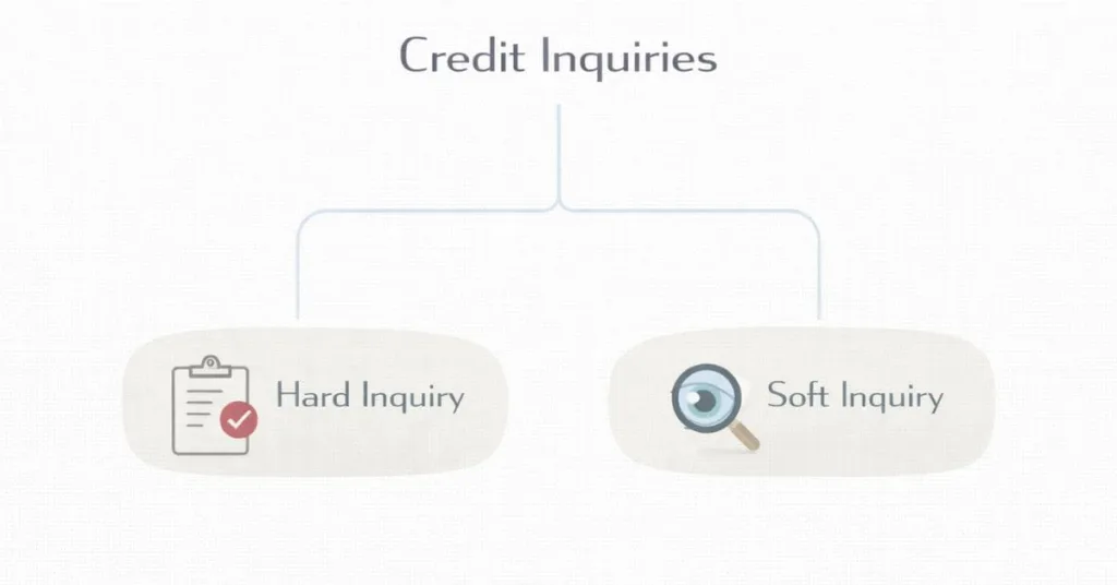 diagram explaining the two types of credit inquiries hard inquiry and soft inquiry in the US credit system