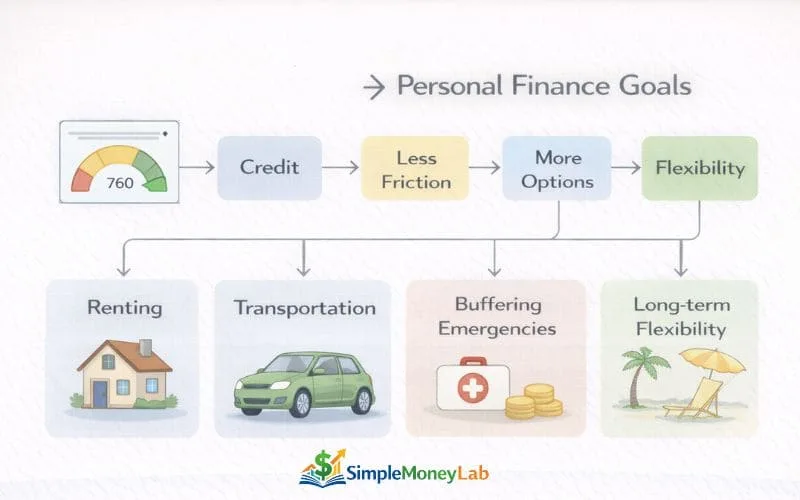 Flowchart showing how credit leads to access, less friction, more options, and flexibility in areas such as renting, transportation, emergencies, and long-term planning and how credit scores affect your financial life