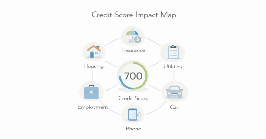 Circular infographic showing credit score at the center connected to housing, insurance, utilities, car financing, phone plans, and employment in the US financial system.