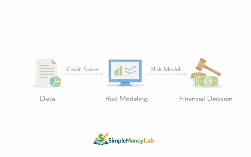Flow diagram showing how credit data moves into risk modeling and leads to financial decisions in the US credit system.