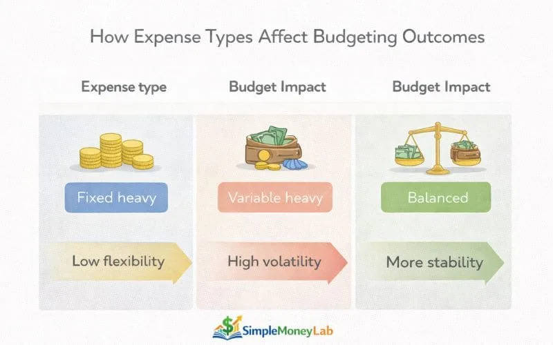 Flow infographic showing fixed-heavy expenses lead to low flexibility, variable-heavy to high volatility, and balanced expenses to better stability