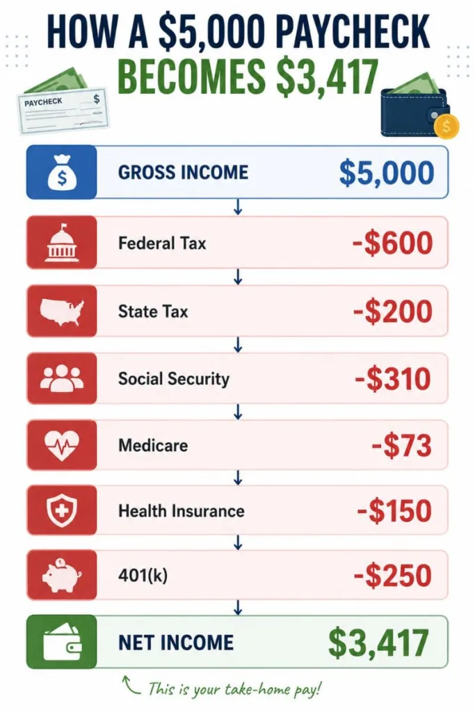 Infographic showing how a $5,000 gross paycheck is reduced by taxes and deductions to become $3,417 in net income.