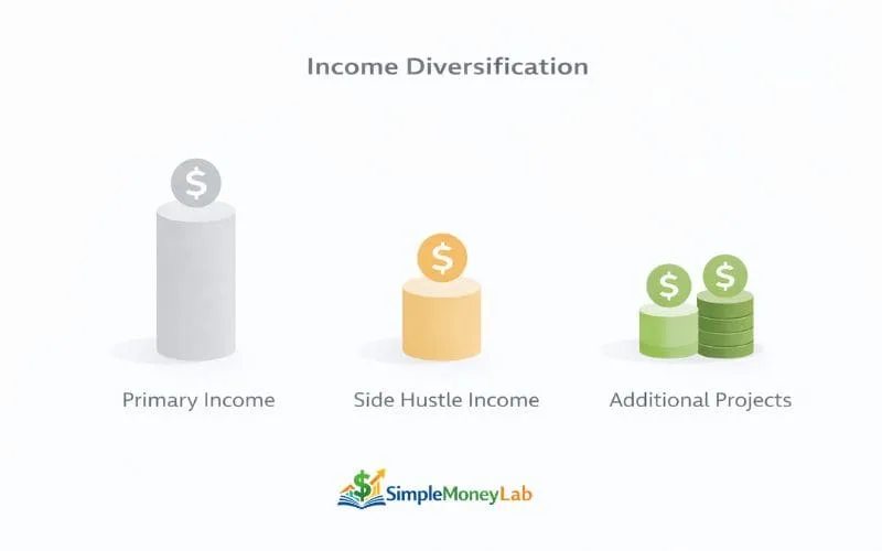 Diagram showing income diversification with primary income, side hustle income, and additional project income streams.