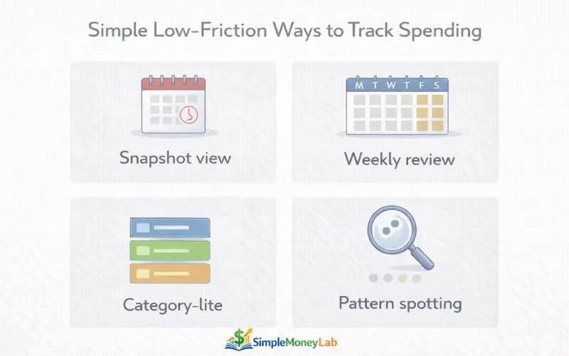Icon grid showing simple spending tracking styles such as snapshot view, weekly review, category-lite tracking, and pattern spotting