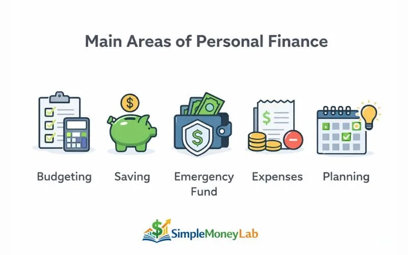 Main areas of personal finance including budgeting, saving, emergency fund, expenses, and financial planning