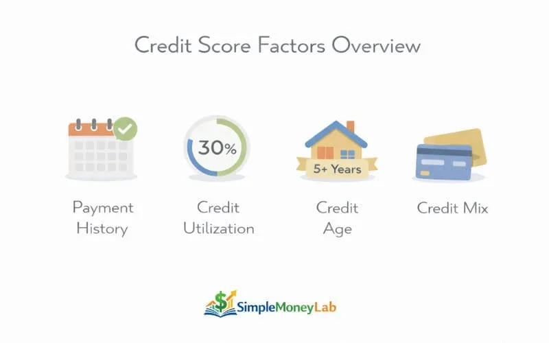 Infographic showing credit score factors including payment history, credit utilization, credit age, and credit mix in simple educational layout