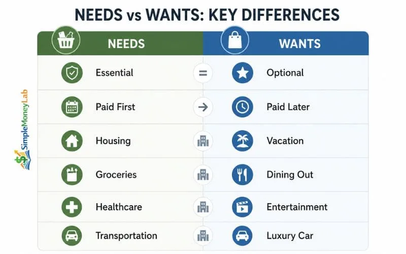 Comparison table showing the differences between needs and wants including essential expenses, optional spending, housing, groceries, healthcare, transportation, vacations, dining out, entertainment, and luxury purchases.