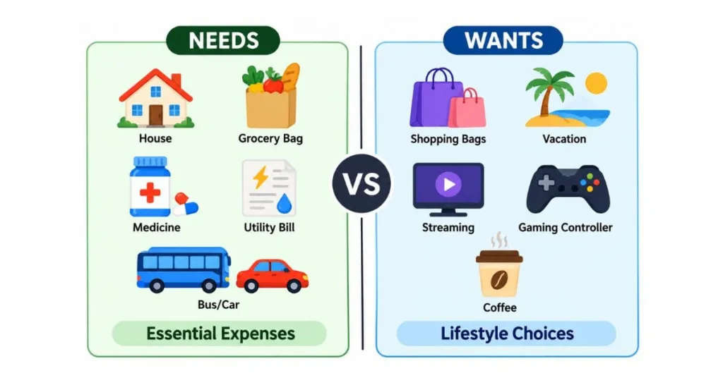 Infographic comparing needs vs wants with examples of essential expenses and lifestyle choices for better budgeting.