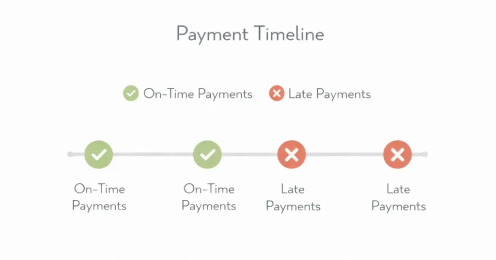 Educational payment timeline infographic showing on time payments in green and late payments in red explaining why payment history matters for credit scores