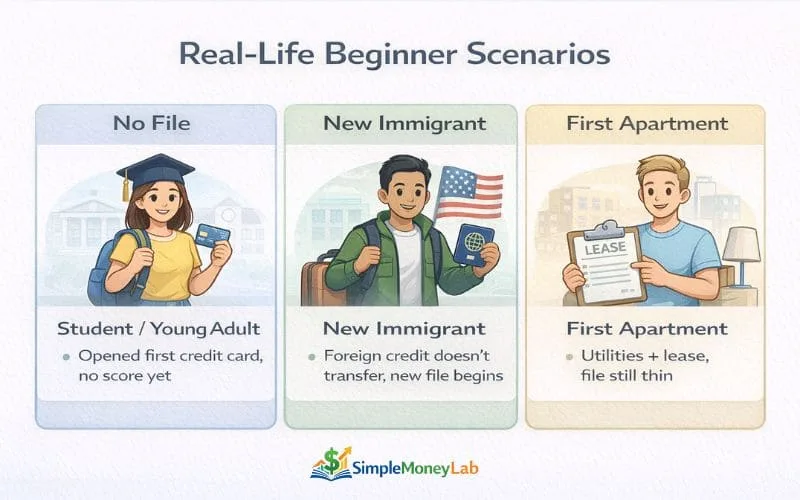 Infographic showing beginner credit scenarios in the United States including students with no file, new immigrants with new files, and first apartment renters with thin files