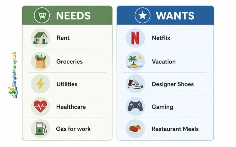 Infographic showing real-life examples of needs and wants including rent, groceries, utilities, healthcare, gas for work, Netflix, vacations, gaming, restaurant meals, and designer shoes.