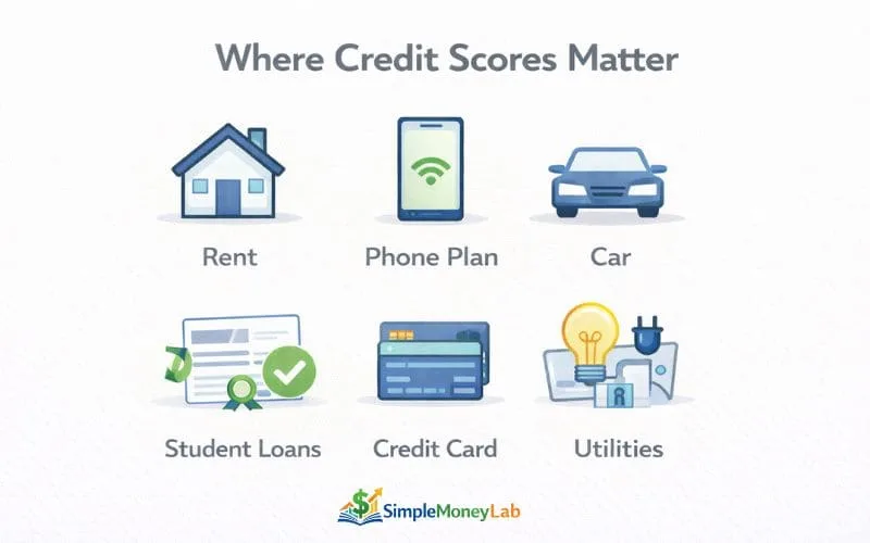 Infographic showing common uses of credit scores such as mortgages, auto loans, rentals, credit cards, insurance, and financing