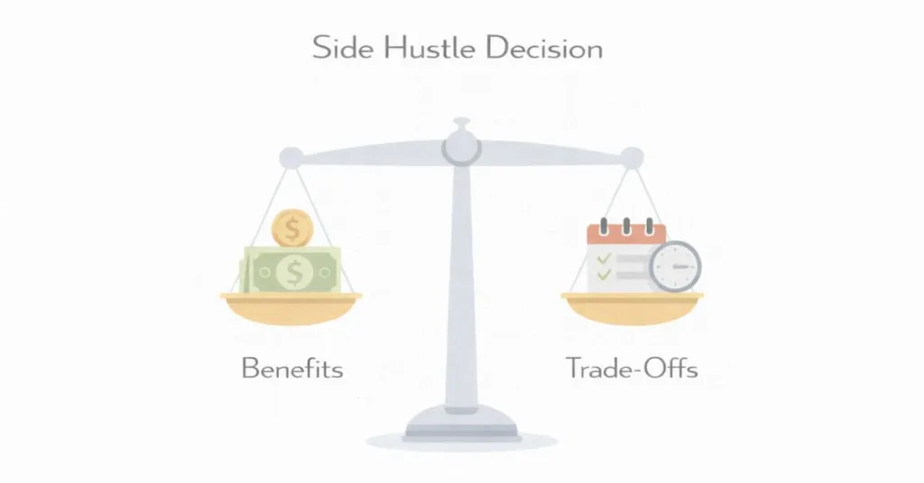 Educational infographic showing a balance scale comparing side hustle benefits and trade-offs in a financial decision framework.