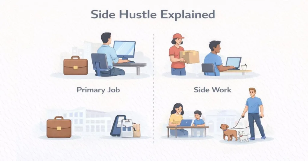 Infographic explaining side hustles in the US with primary job vs side work visuals including delivery, laptop work, tutoring, and pet walking