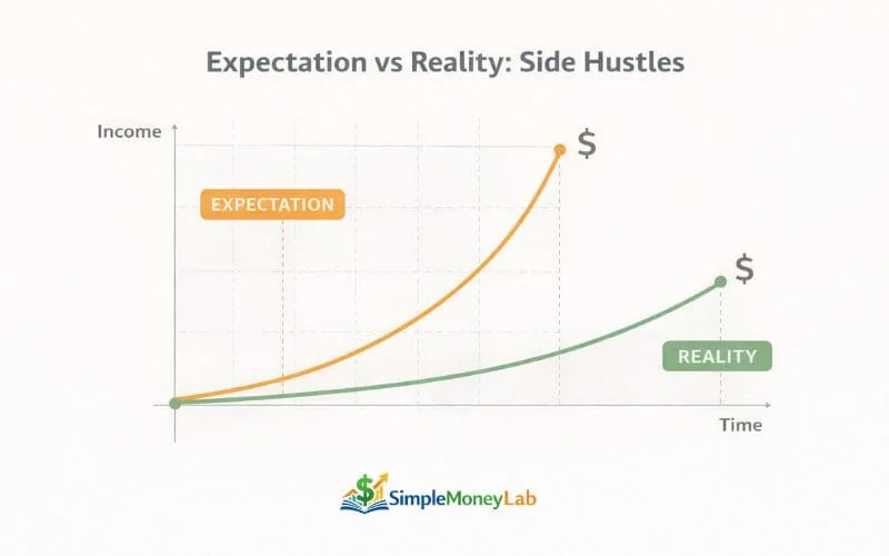 Expectation vs reality graph explaining common side hustle myths about fast income compared to the gradual income growth most side hustles experience over time.