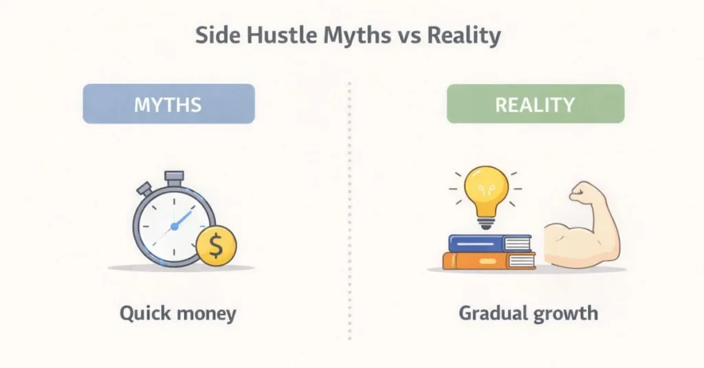 Infographic comparing common side hustle myths vs reality, showing quick money myth versus gradual growth and learning required to build a successful side hustle.