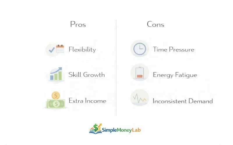 Minimal infographic comparing pros and cons of side hustles including flexibility, skill growth, extra income, time pressure, energy fatigue, and inconsistent demand.