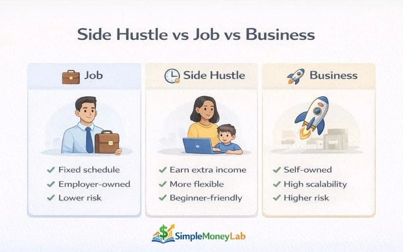 Infographic comparing jobs, side hustles, and businesses in the US showing differences in ownership, flexibility, scalability, and risk without money values