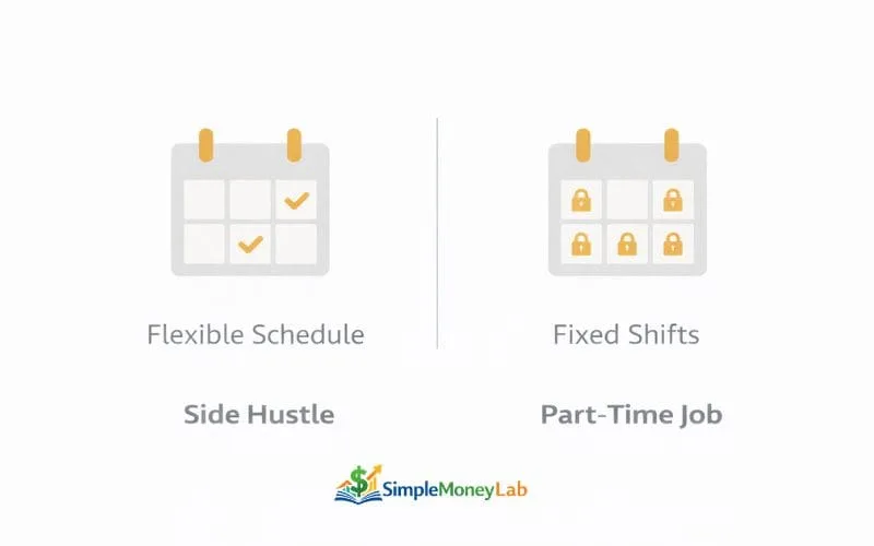 Infographic explaining side hustles vs part-time jobs by comparing flexible schedules with fixed shifts in traditional part-time work.