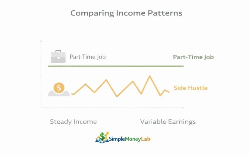 Chart comparing predictable income from a part-time job with variable earnings from a side hustle.