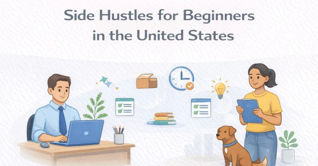 Infographic showing beginner side hustles in the United States with laptop work, delivery tasks, tutoring, pet care, and flexible scheduling icons